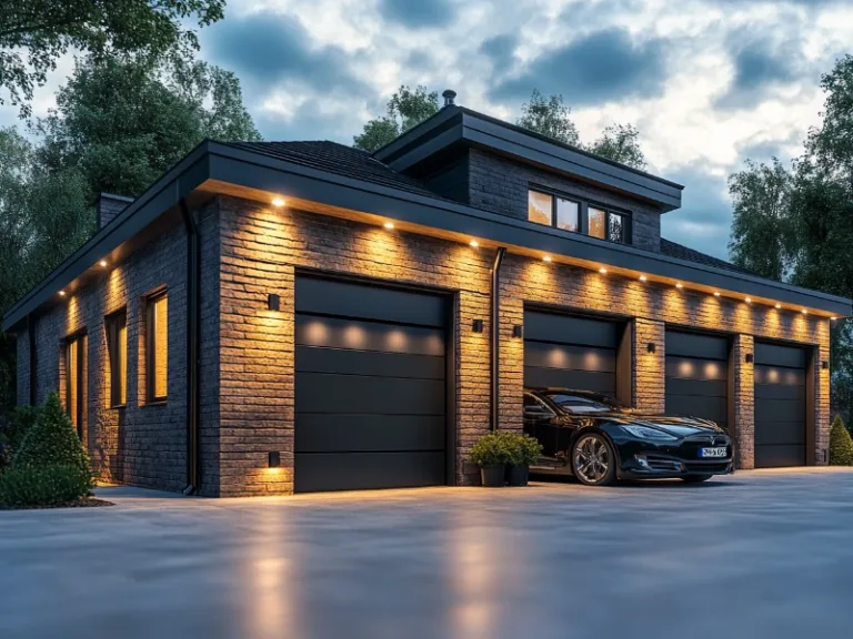 Modern brick home with three sleek black garage doors, illuminated by warm evening lights, with a luxury car parked in front.