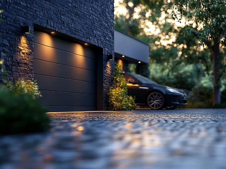 Wayne, PA's Secret to Long-Lasting Garage Door Springs is showcased in this modern garage with sleek design and ambient lighting at dusk.