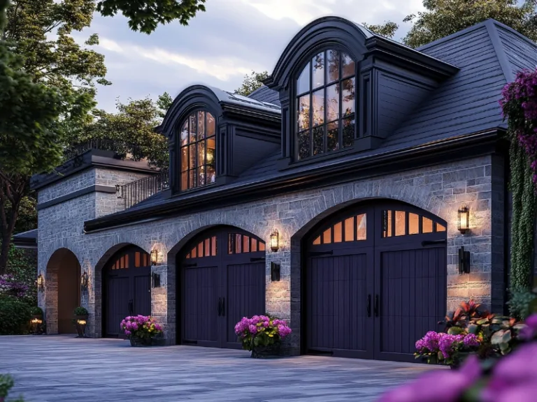 Elegant stone home with three arched dark wooden garage doors, accented by evening lighting and blooming flowers.