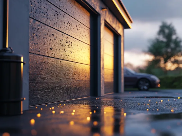 Close-up of modern garage doors with a sleek wooden texture, reflecting the golden light of a sunset after rain, with a blurred car and greenery in the background.