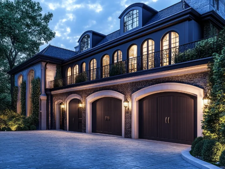 Elegant home exterior with three arched dark wooden garage doors, highlighted by evening lighting and surrounded by greenery.