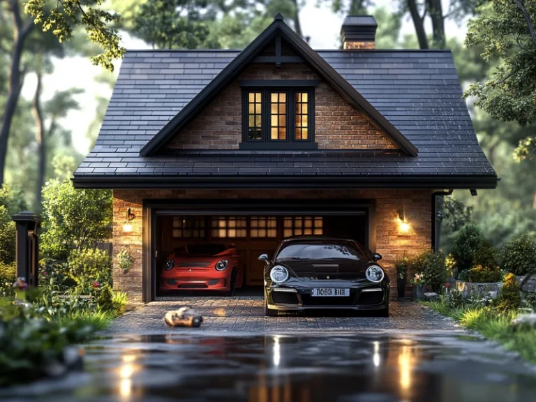 Single-car garage with open doors revealing two luxury sports cars, surrounded by a serene, wooded environment at dusk.