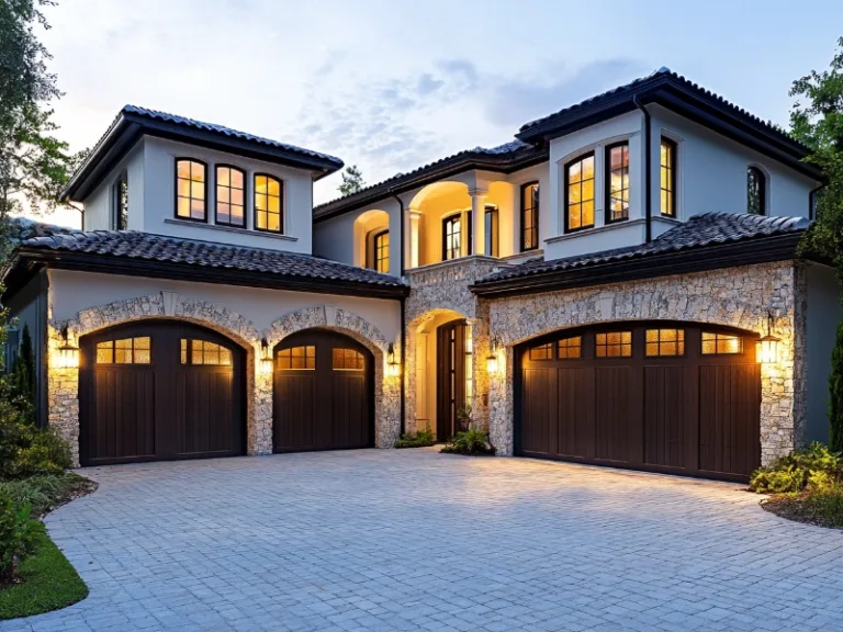 Luxury home exterior with three dark wooden garage doors and stone accents, illuminated at dusk.