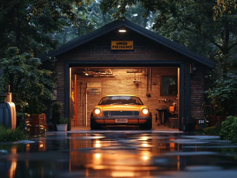 Classic car parked in a cozy, lit garage with a wet driveway in a wooded setting.