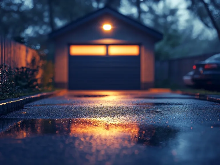 Rain-soaked driveway leading to a detached garage with an illuminated orange window above the dark garage door during a dusky evening.