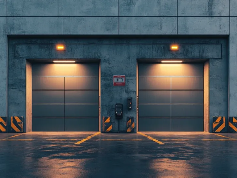 Symmetrical view of two modern gray garage doors on a concrete building, illuminated by overhead lights at night, with safety markings on the ground.