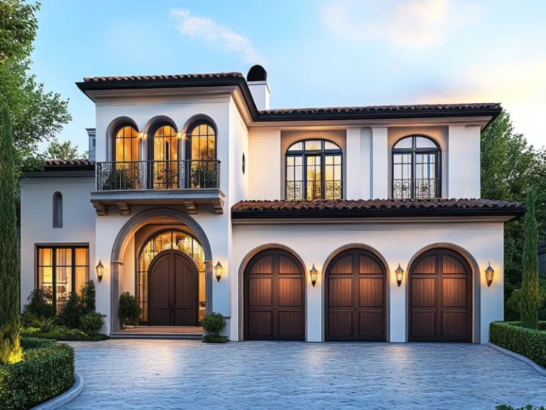 Luxurious Mediterranean-style home with three wooden garage doors, arched entryways, and balcony, illuminated by warm evening lights.