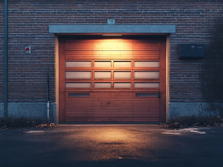 Warmly lit wooden garage door set against a brick building facade, casting a soft glow on the ground in the evening.