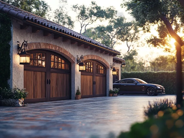 Sunset view of a luxury home with two wooden carriage-style garage doors, featuring ornate detailing and sconce lighting, complemented by a sleek car parked in the driveway.