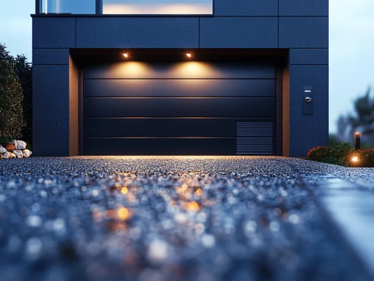 Low angle view of a modern dark gray garage door with ambient lighting reflecting off a wet driveway at dusk.