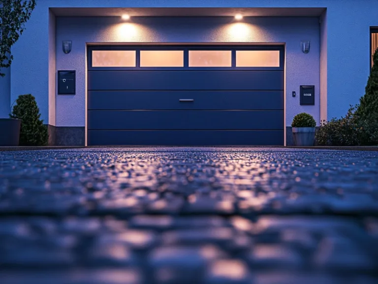 Low angle view of a blue garage door with frosted windows, illuminated by exterior lights at dusk.