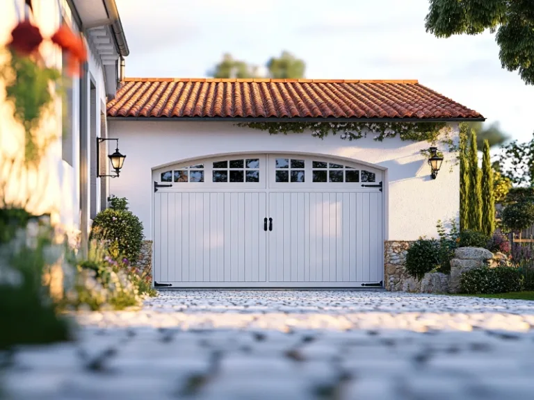 White carriage-style garage door on a residential home with a tile roof, viewed from a cobblestone driveway.