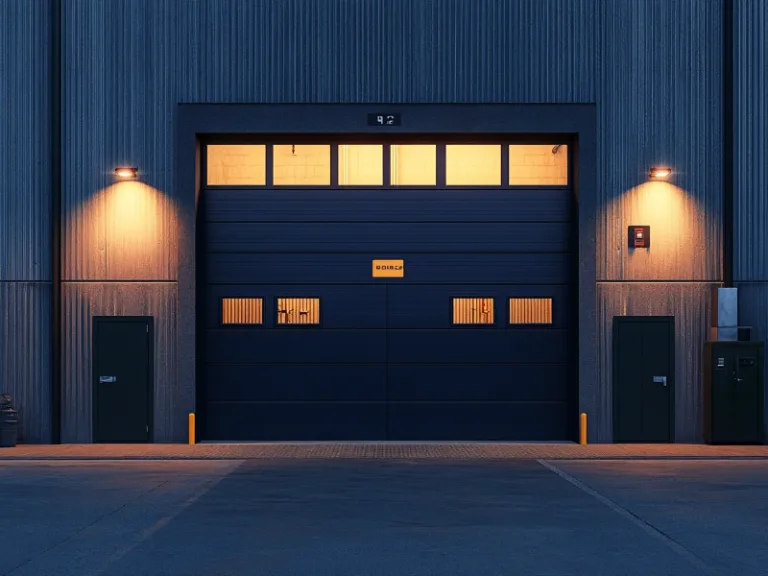 A dark blue modern garage door with multiple small rectangular windows, illuminated by two exterior lights at night.