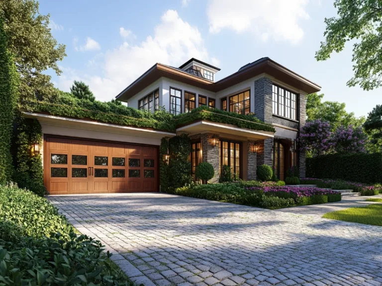 Modern home with a wooden garage door and a beautifully landscaped driveway.