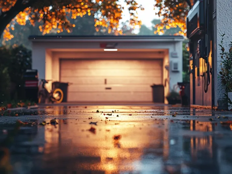 Garage door illuminated by warm lights, with a wet driveway and scattered autumn leaves, framed by trees.