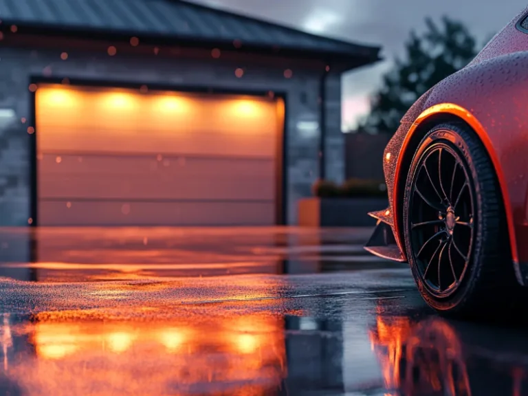 Close-up of a sports car wheel with a glowing garage door reflecting on a wet driveway during a rainy evening.