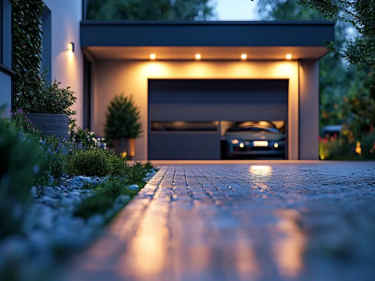 Contemporary garage with a sleek door, warm exterior lighting, and a car parked inside on a wet driveway.