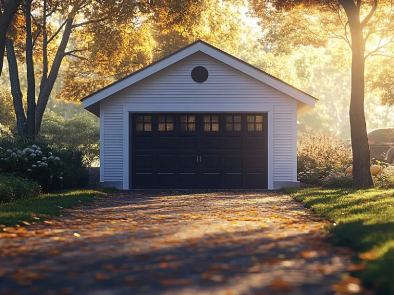 Single-car garage with a black door, surrounded by trees with golden autumn leaves, bathed in warm morning light.