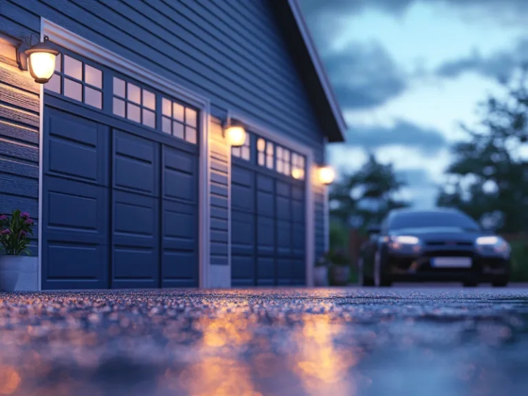 Modern blue garage with windows, illuminated by warm lights on a rainy evening, with a car parked outside.