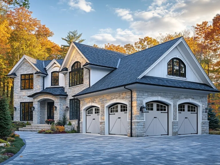 Charming stone home with three gray carriage-style garage doors, set against a backdrop of autumn trees.