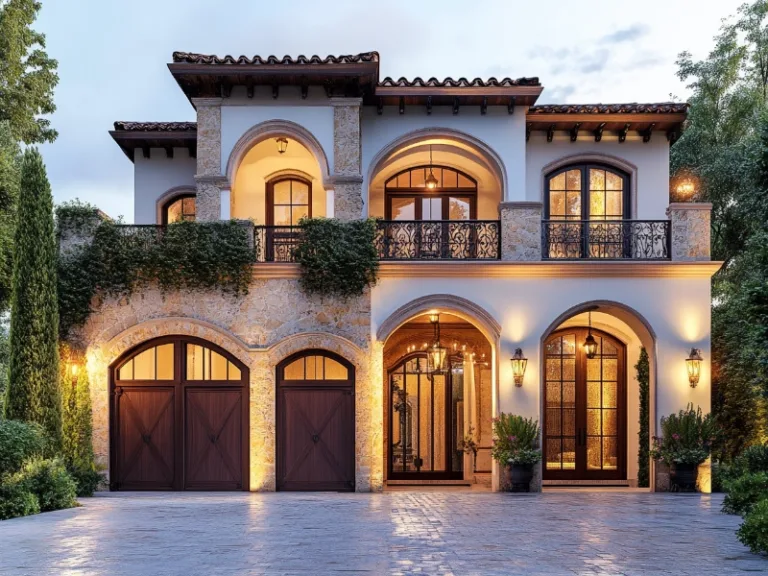 Luxurious Mediterranean-style home with arched wooden garage doors and warm evening lighting.