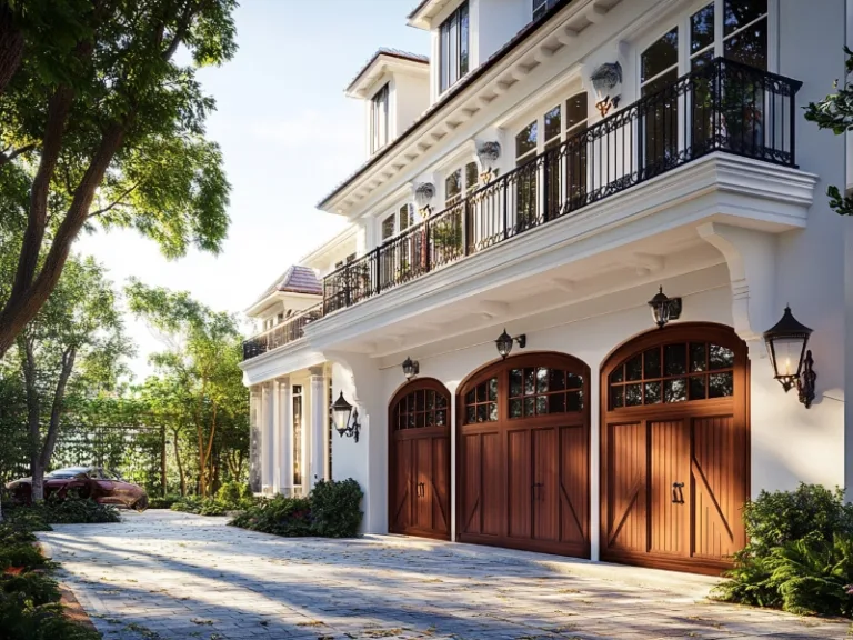 Elegant home with wooden carriage-style garage doors and a sunlit driveway lined with trees.