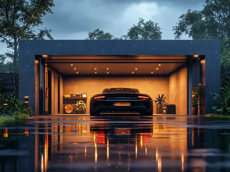 Modern garage with a sleek sports car parked inside, with warm lighting and a reflective wet driveway.