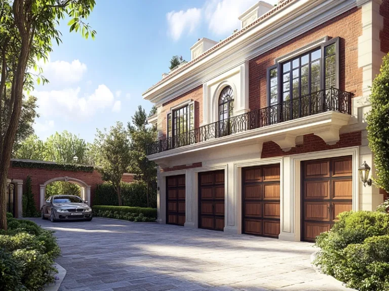 Elegant brick home with three wooden garage doors and a sunny driveway.