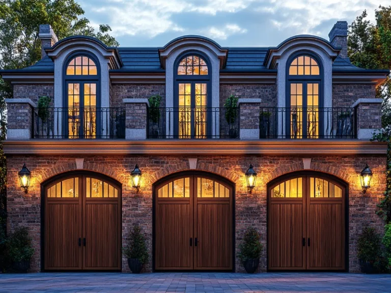 Elegant brick building with three arched wooden garage doors and upper-level windows glowing warmly.