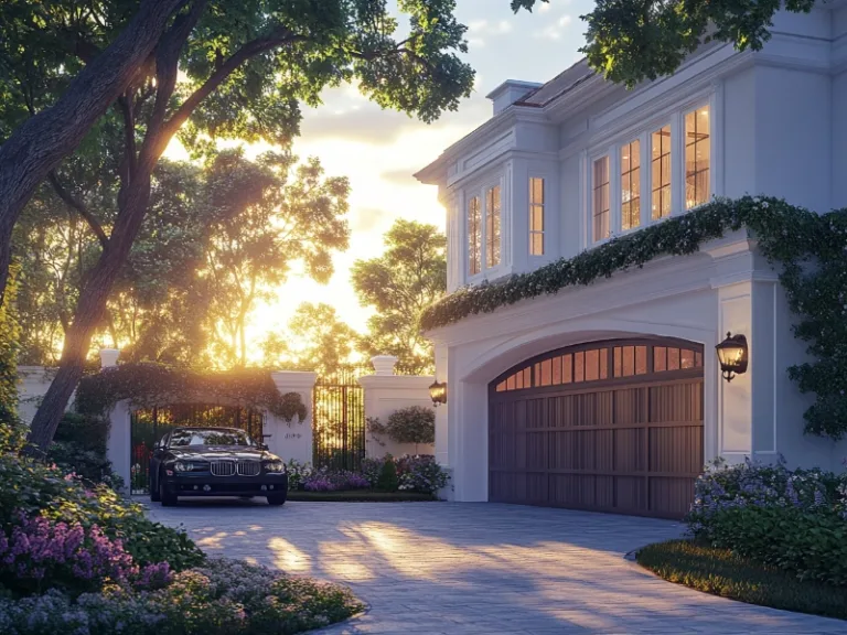 Elegant home with a curved wooden garage door, surrounded by lush greenery and illuminated by the warm glow of the setting sun.