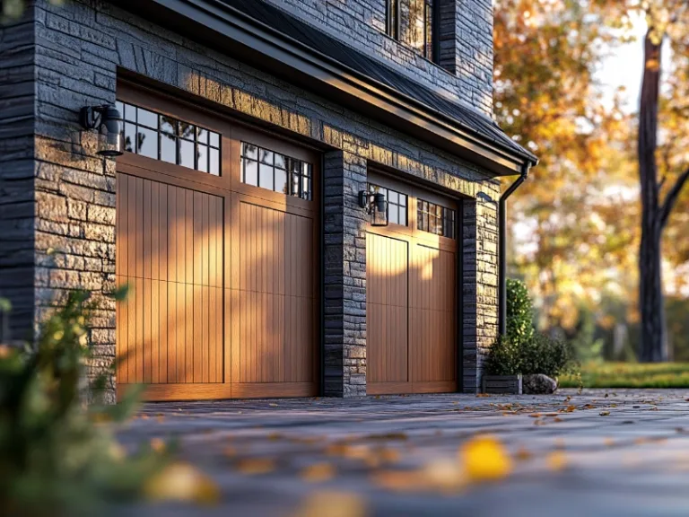 Stylish double wooden garage doors with windows, set against a dark stone exterior, with autumn leaves scattered on the driveway.