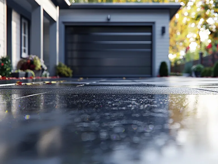 Sleek black garage door with a wet, reflective driveway leading up to it on a rainy day.