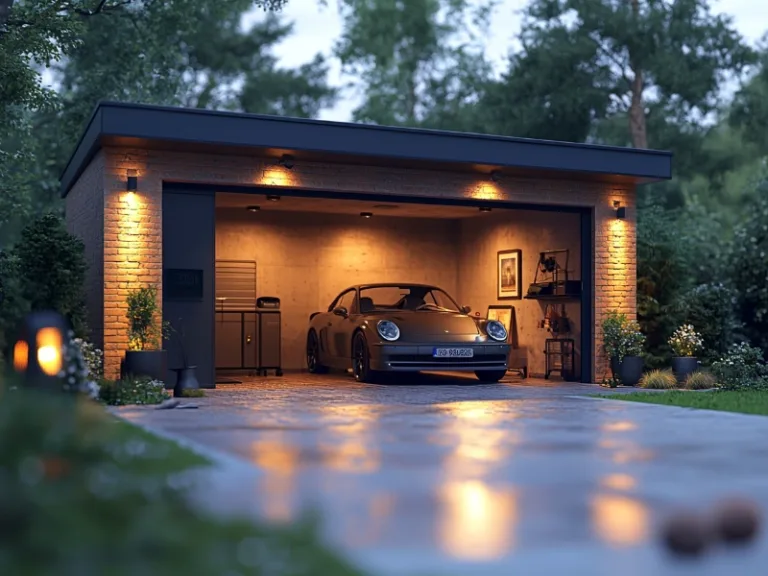 Modern open garage with warm lighting, showcasing a parked sports car and a sleek, polished driveway.