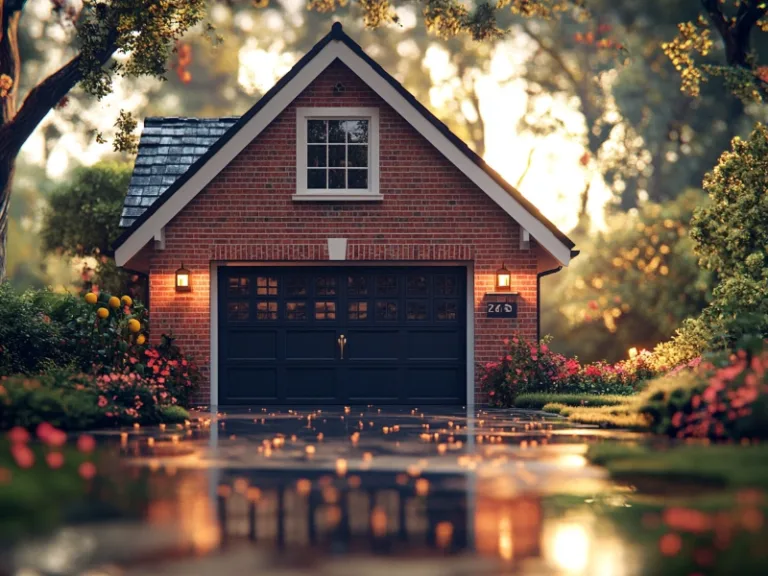 Charming brick garage with a dark door, surrounded by a blooming garden and wet driveway reflecting autumn leaves.