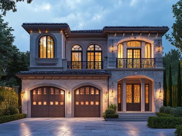 Luxurious two-story home with illuminated windows and two arched wooden garage doors.