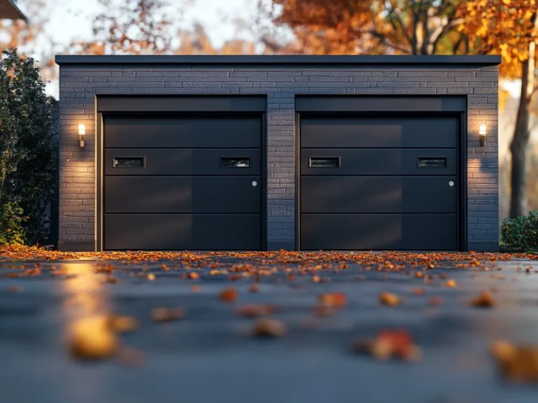 Modern double garage doors in a sleek, dark design with autumn leaves on the driveway.