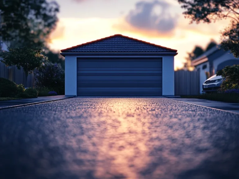 Modern detached garage with a sleek door and a wet driveway at sunset.