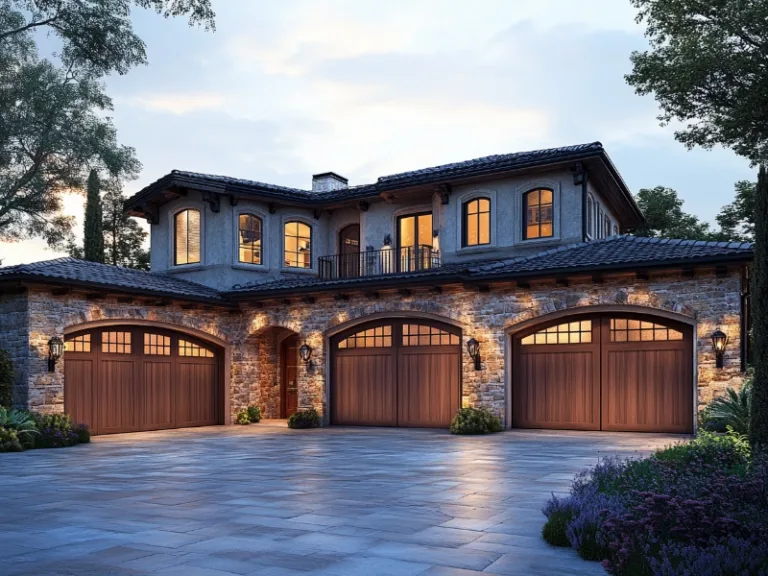 Luxury home with arched wooden garage doors and a spacious driveway at dusk.