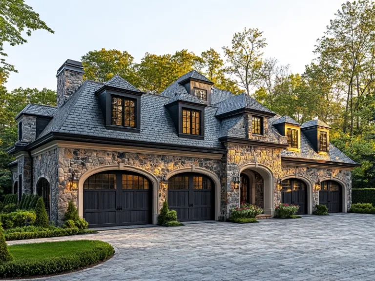 Elegant stone house with arched garage doors and manicured landscaping.