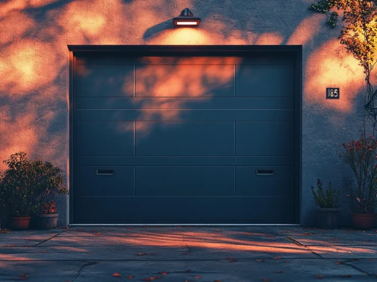 Single modern garage door with warm evening light and surrounding plants.