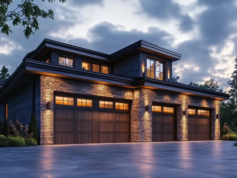 Luxury home with modern garage doors illuminated at dusk.