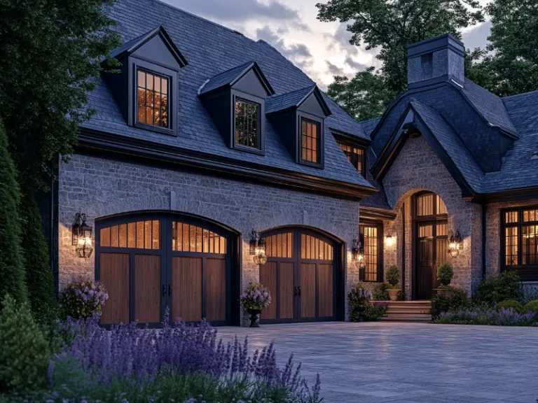 Elegant stone house at dusk with two wood-paneled garage doors, warmly lit windows, and landscaped front yard with purple flowers.