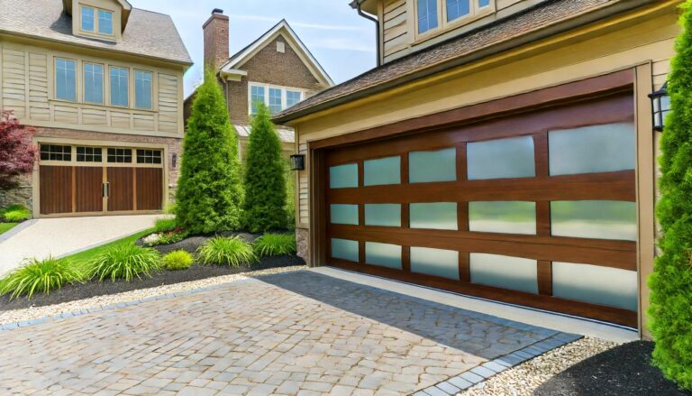 Two modern houses with unique wooden garage doors, surrounded by well-manicured greenery and a stone-paved driveway.