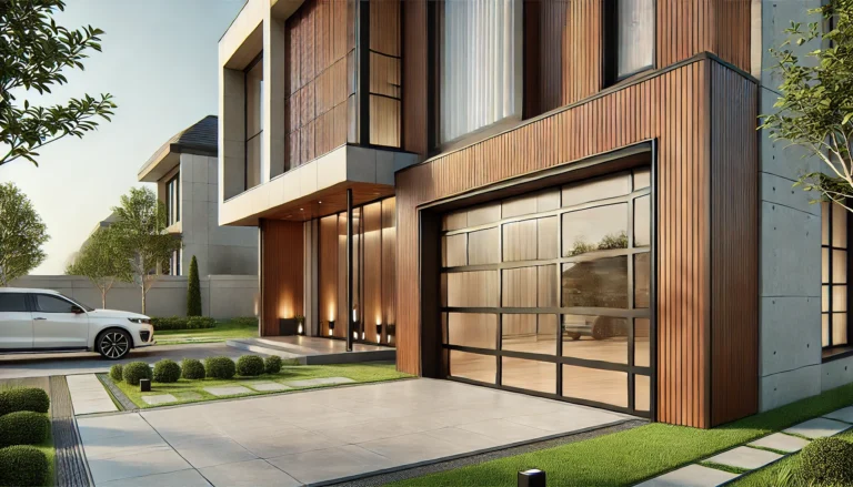 -A-detailed-view-of-a-modern-house-with-a-rectangular-garage-door-made-of-glass-and-wood.