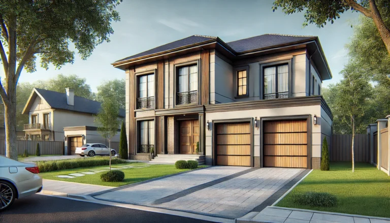 A modern two-story house with double garage doors and a landscaped front yard.