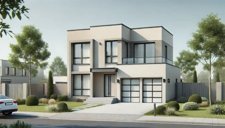 Contemporary two-story home featuring sleek garage doors and expansive windows, set in a landscaped suburban neighborhood.