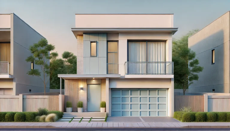 Two-story house with modern garage doors, minimalist design, and pastel-colored exterior.