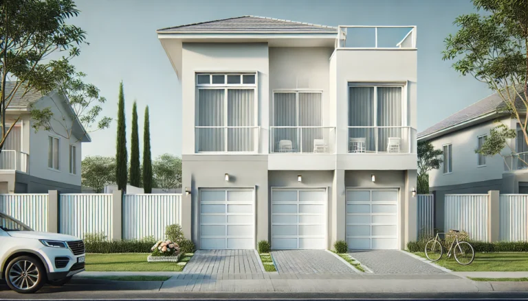 White two-story house with a minimalist design and modern garage doors.