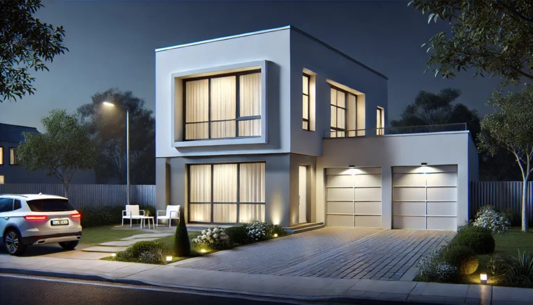 Modern two-story house with white exterior, minimalist design, and illuminated garage doors at night.