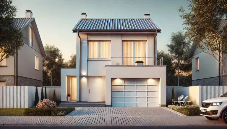 Two-story modern house with white exterior, minimalist design, and a sleek garage door.